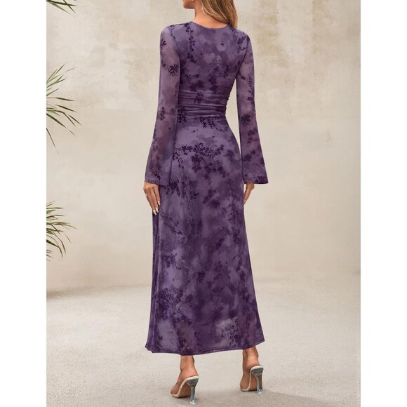Zesica Women's Tie Dye Purple Ruched Mesh Long Sleeve Floral Bodycon Dress - Picture 3 of 5
